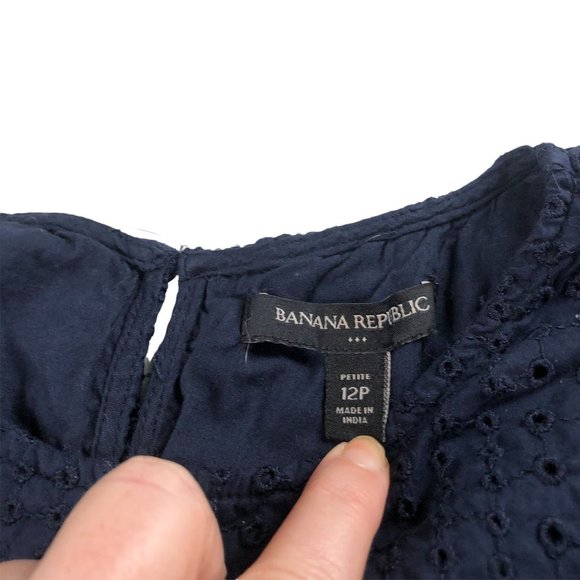 Banana Republic Dress Navy Eyelet Lace Short Sleeve Midi Tiered Womens Size 12 P - Picture 8 of 11